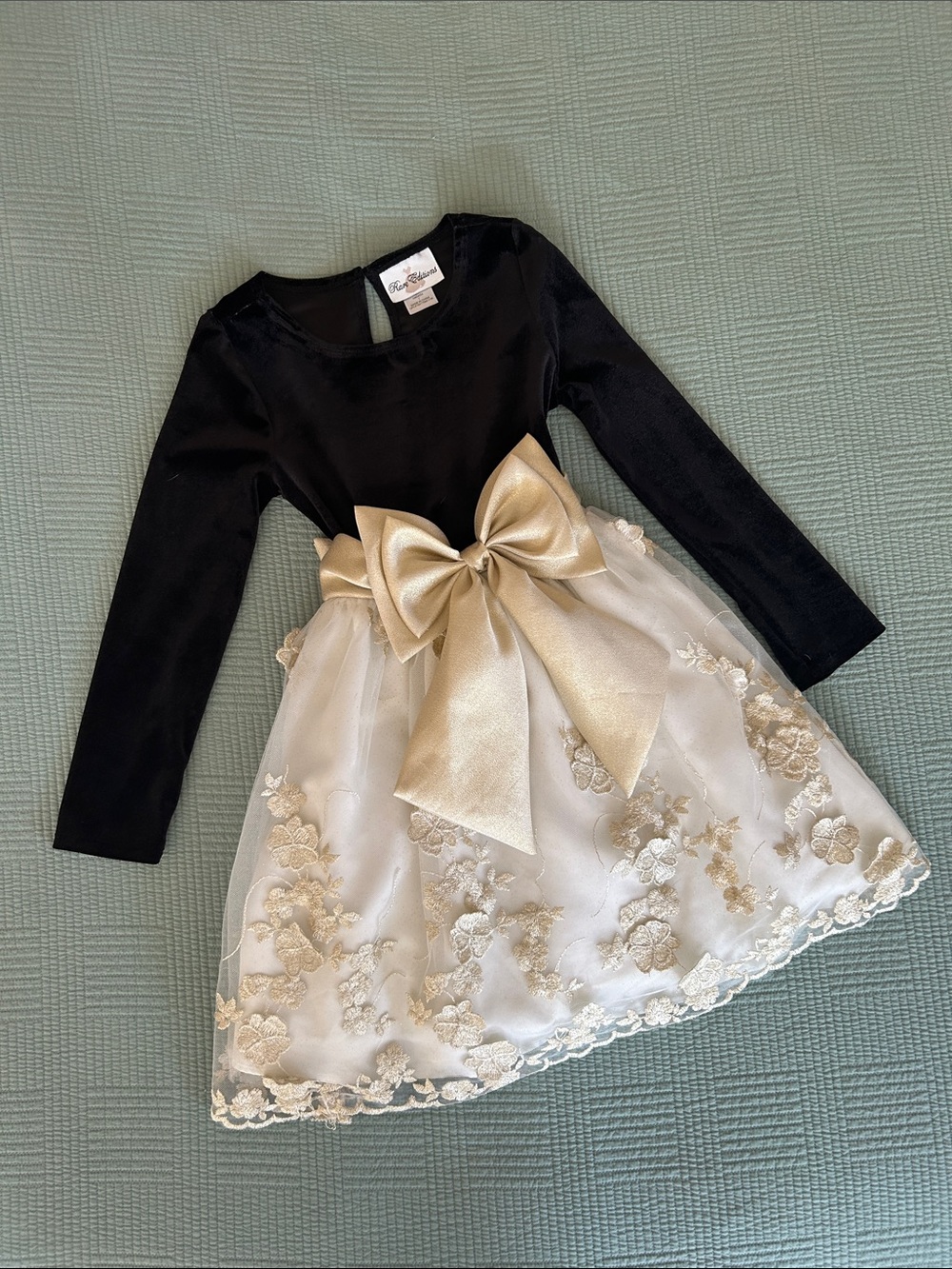 Rare Editions Black and Gold Tulle Bow Party Dress